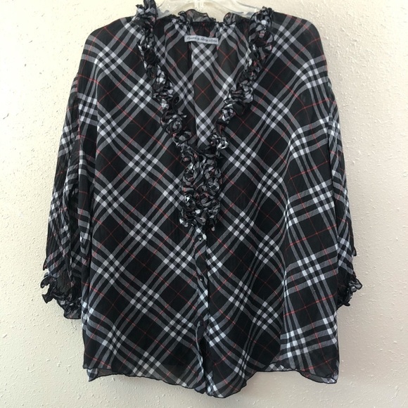 Signature by Larry Levine Black, Red & White Plaid - Ruffles at neckline Size L - Picture 5 of 10
